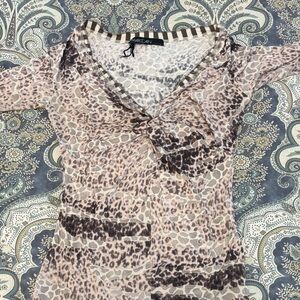 Marc Cain Beige and Brown Leopard-Print V-Neck Blouse